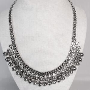 Silver Tone Bib Necklace Tribal Curb Chains Rhinestones And Beads